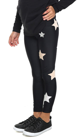 Leggings Bambina in lycra neri con stelle applicate rosa cipria e argento - L'Equilibriste