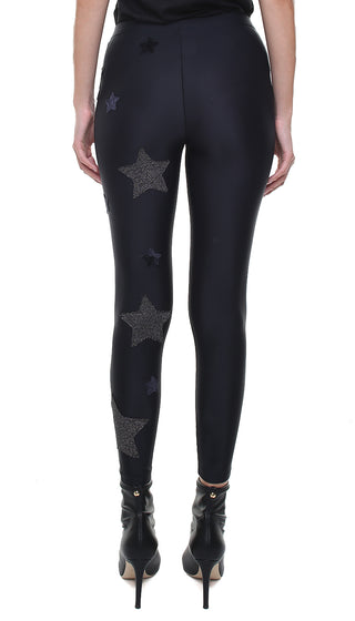 Leggings in lycra neri con stelle applicate in velluto nero e in lurex - L'Equilibriste
